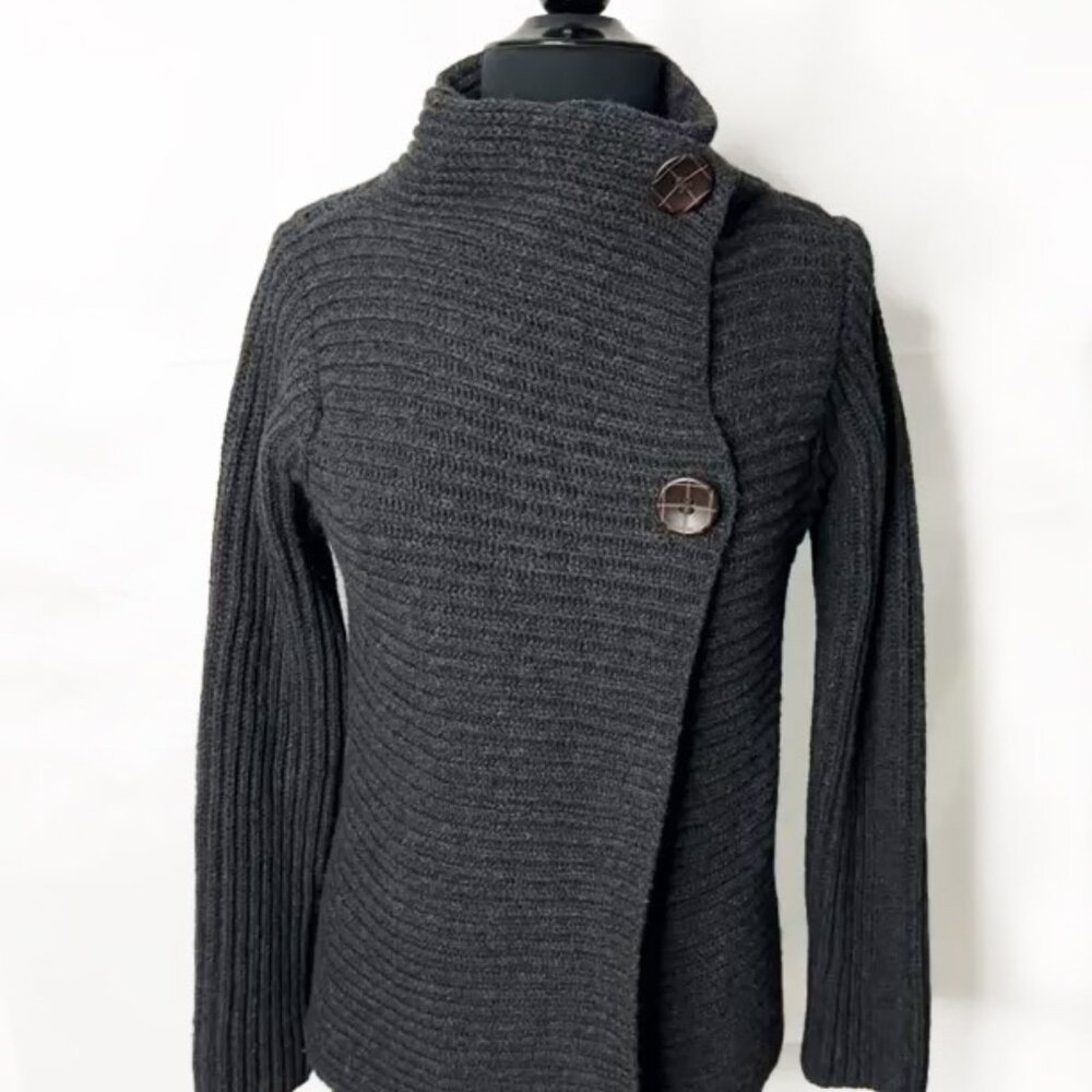 Fisherman Out of Ireland Knit Craft Ribbed Charcoal Button Sweater Jacket Sm.